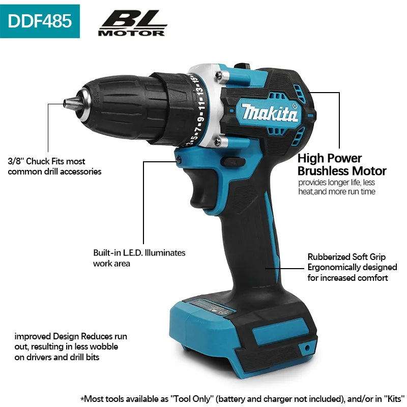 Makita 18V DDF485 10MM LXT Ferramenta Compacta Sem Fio Parafusadeira Impacto Motor Sem Escova Recarregável Furadeira Elétrica com Motor Sem Escova